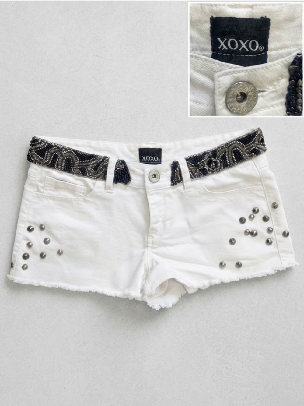 XOXO Y2K 2000s Low Rise White Denim Micro Shorts Beaded Festival Cutoffs / 6